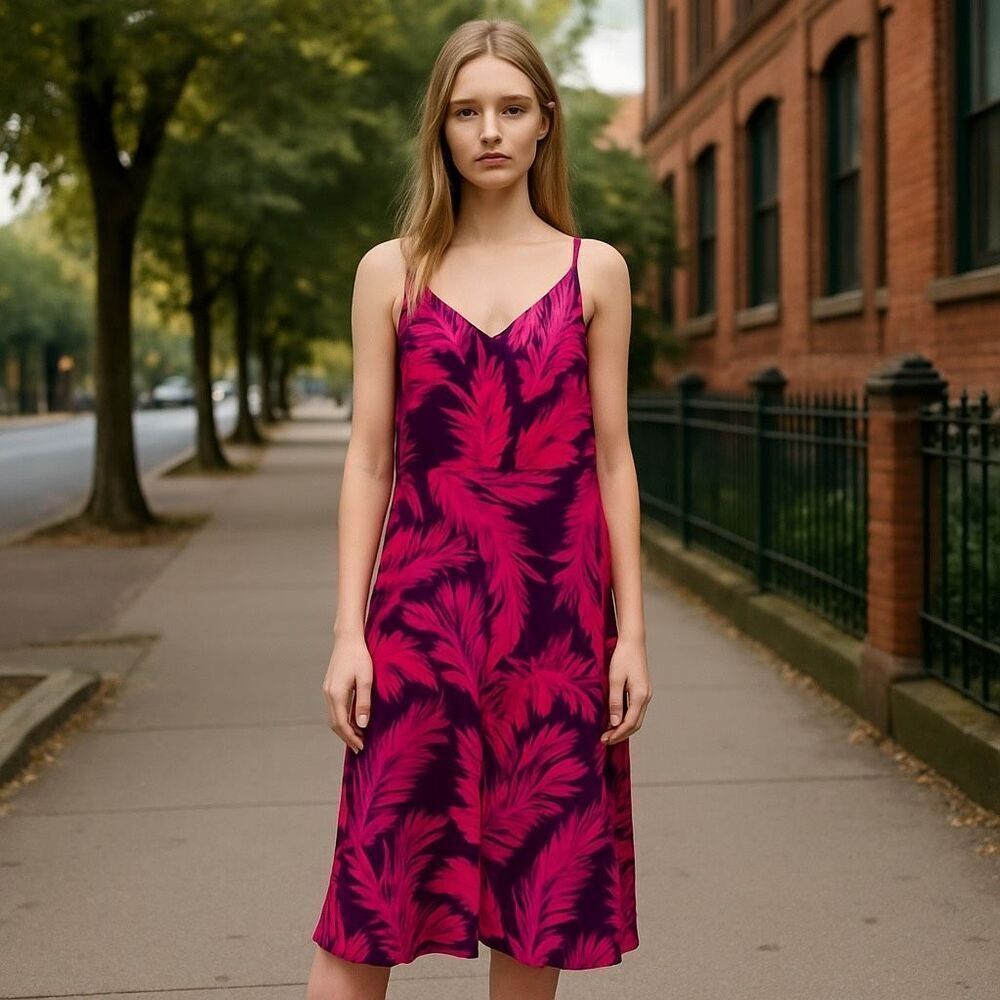 ASOS Pink Leaf Print Slip Dress Size 6 Tropical V-Neck Midi Spaghetti Strap